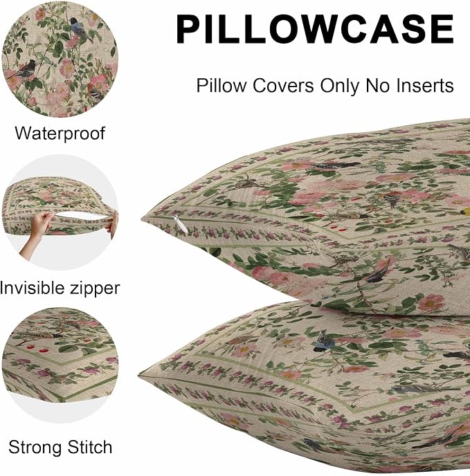 Vandarllin Outdoor Throw Pillows Covers 20x20 inch Set of 2 Waterproof Pink Floral Bird Decorative Zippered Cushion Covers for Patio Furniture, Green Leaves Branches Linen Lumbar Pillowcases