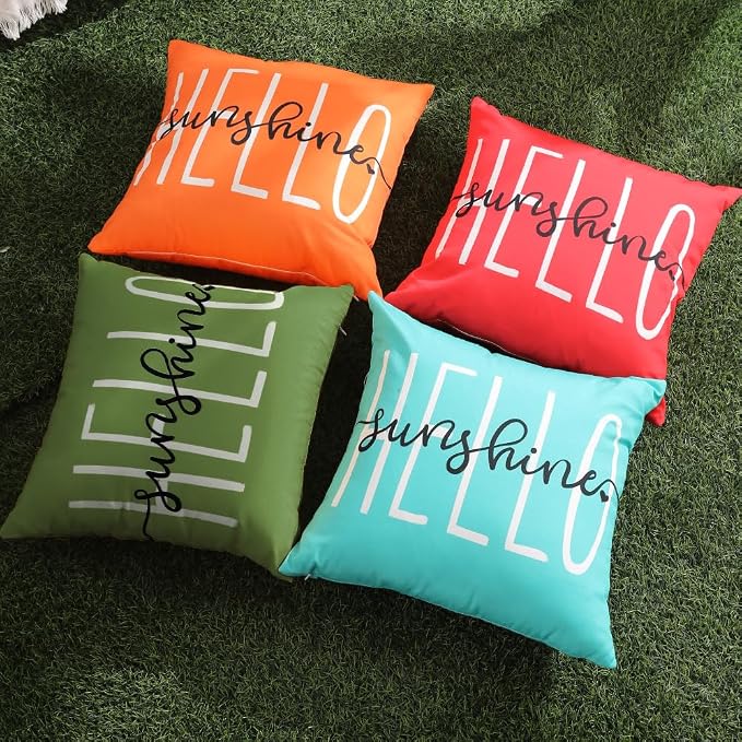 DFXSZ Olive Green Outdoor Waterproof Pillow Covers 16x16 Set of 2 | Hello Sunshine Decor Spring Summer Polyester Pillow Covers(NO INSERTS)| Decor for Patio Funiture Garden Sofa Couch
