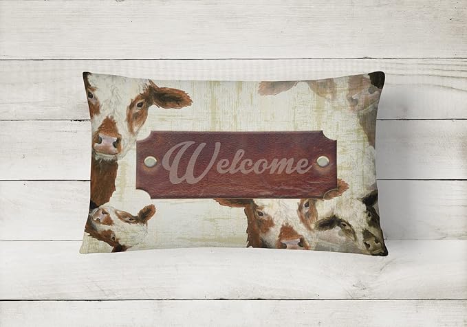 Caroline's Treasures SB3065PW1216 Welcome Cow Canvas Fabric Decorative Pillow 100% Machine Washable Pillow, Indoor or Outdoor Decorative Throw Pillow for Couch, Bed or Patio