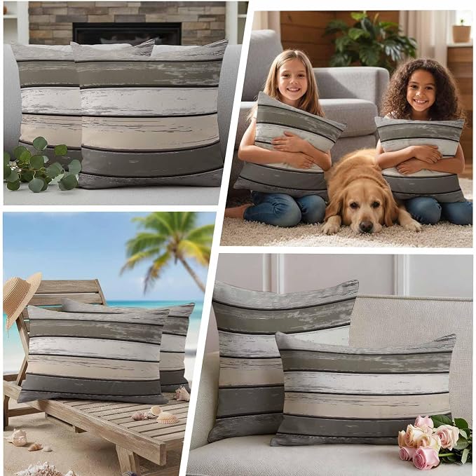 Retro Dark Grey Stripe Outdoor Waterproof Throw Pillow Covers Set of 2, 20"x20", Peeling Paint Effect Texture Decorative Pillow Covers Outside Cushion Case for Patio Porch Garden