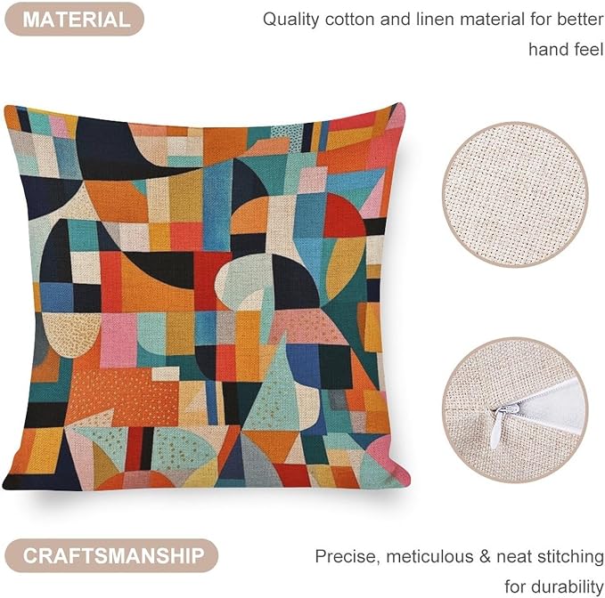 Pillowcase Colorful Fun Aesthetic Mid Century Modern Gomestry Decorative Pillow Cover Summer Orange Rust Colorful Multicolor Cooling Pillowcase 20"x20" Cushion Case for Sofa Couch