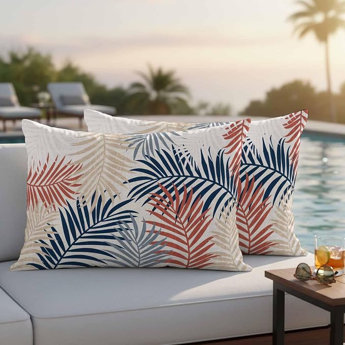 Outdoor Waterproof Throw Pillow Covers, Red Blue Yellow Palm Leaves Decorative Pillow Cases, Summer Botanical Tropical Leaf Couch Pillow Protector Patio Sofa Cushion Covers Replacement 20"x12" 2 Pack