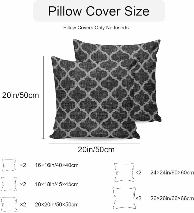 Black Morocco Outdoor Pillow Covers 20x20 Inch Throw Pillow Covers Set of 2 Waterproof Decorative Pillow Cases Boho Vintage Quatrefoil Geometric Plaid Cushion Covers for Patio Furniture Garden Couch