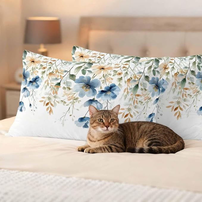 Blue Spring Floral Waterproof Outdoor Pillow Covers 20''x12'' Set of 2, Weeping Botanical Patio Furniture Summer Cushion Covers for Chairs, Decorative Wildflowers Pillow Cases for Garden/Pool/Beach