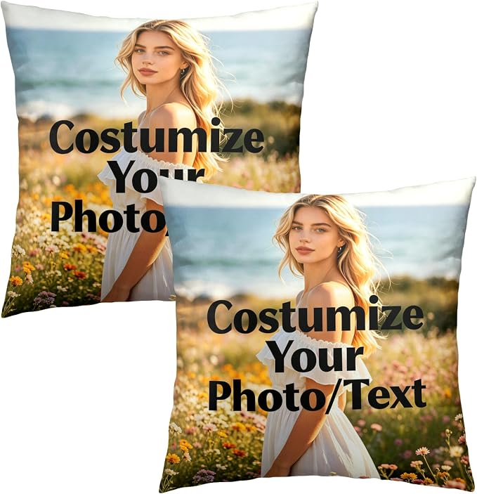 Custom Design Photos or Text Throw Pillow Covers 20x20 Inch – Pack of 2 Personalized Pet Photo Cotton Hidden Zipper Pillowcases for Couch Sofa Bed Porch Farmhouse Home Decor