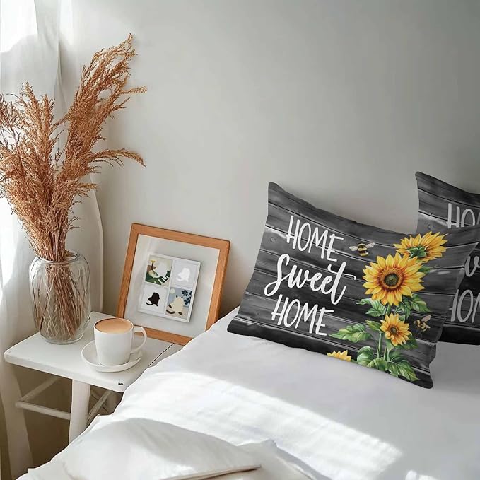 Lumbar Pillow Covers 20x12 Inch Set of 2, Spring Sunflowers Waterproof Outdoor Pillow Covers, Black Wooden Grain Country Farm Decorative Cushion Pillowcases for Couch, Sofa, Bed, Garden, Patio