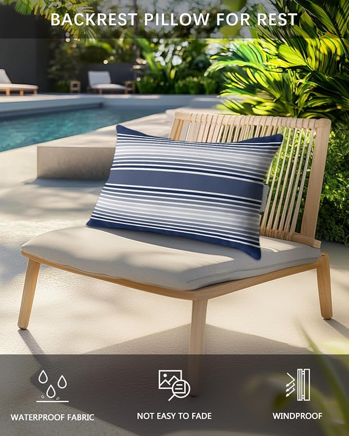 Pack of 4 Outdoor Lumbar Pillow Covers 11x16 Inch, Navy Blue Striped Waterproof Throw Pillow Covers Set, Blue Ombre Farmhouse Stripes Indoor&Outdoor Decorative Cushion Cases for Patio Porch Car