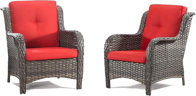 Outdoor Wicker Chair Rattan Dining Chairs Set of 2 PE Wicker Patio Chairs with 3.5 inch Seat Cushions Outdoor Patio Seating Chair for Garden, Backyard Swimming Pool, Balcony, Red