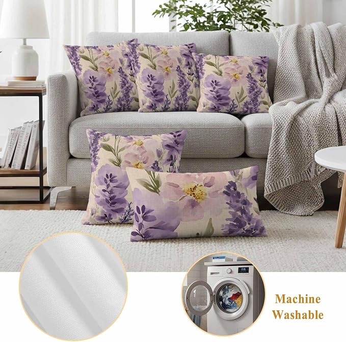 Spring Flowers Outdoor Waterproof Throw Pillow Covers Set of 2, 24"x24", Lavender Leaf Purple Floral Vintage Decorative Pillow Covers Outside Cushion Case for Patio Porch Garden