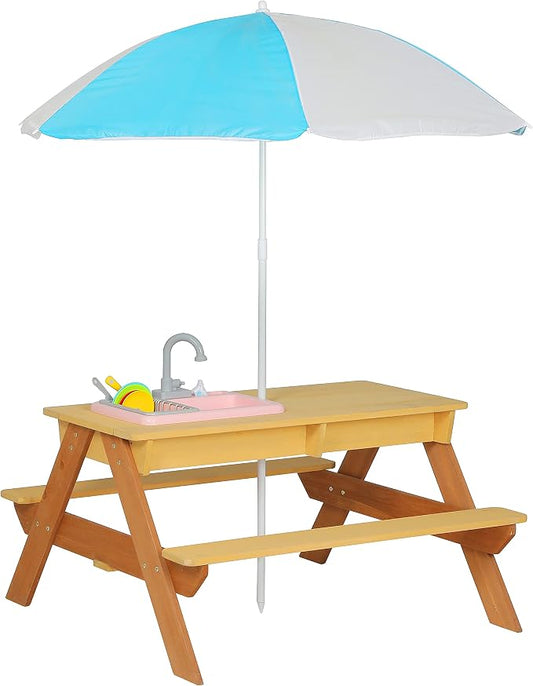 Wooden Kids Picnic Table, 3-in-1 Sand and Water Table with Height Adjustable Umbrella, Activity Table for Outdoor Backyard Patio Play
