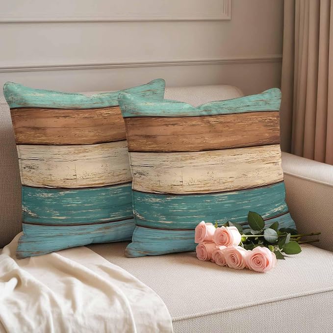 Outdoor Throw Pillows Covers 18X18 Set of 2 Waterproof Teal Turquoise Green Brown Decorative Zippered Cushion Covers for Patio Furniture, Farmhouse Retro Rustic Barn Wood Texture Lumbar Pillowcases