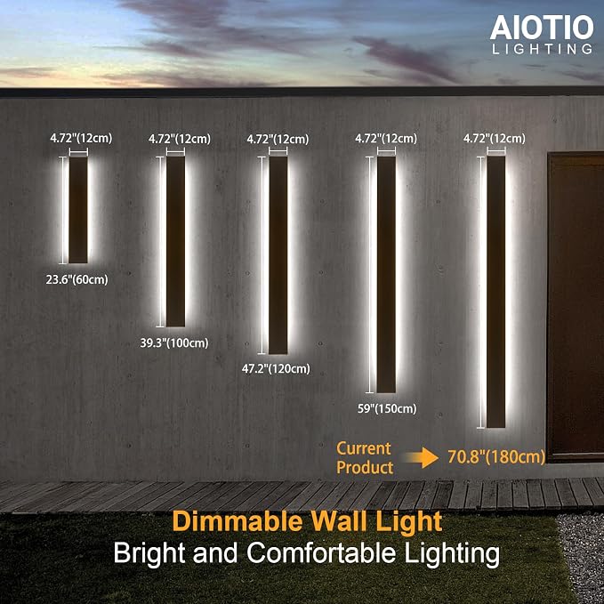 AioTio 70.8in Outdoor Wall Lights, Upgraded 4.72in Wide Black Exterior Light Fixtures Wall Mount, Waterproof Modern Porch Light,Dimmable Long Strip LED Linear Outdoor Sconces Wall Lighting for House