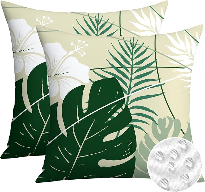 OTOSTAR Outdoor Waterproof Throw Pillow Covers 16x16 Inch Set of 2 Double-Sided Green Tropical Leaf and Flower Spring Summer Decorative Pillow Cases for Patio Funiture Garden Balcony Couch