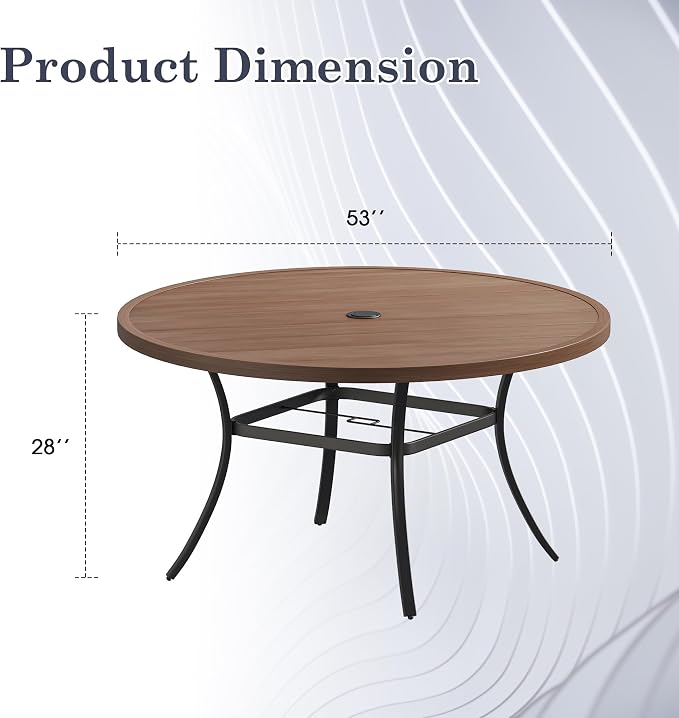 Outdoor Dining Table for 8, 53" Round Outdoor Table with Adjustable Umbrella Hole, All-Weather Metal Patio Dining Table for Lawn Garden Backyard Deck, Walnut