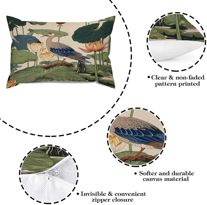 Zipped Pillow Cases for Home Decor Chinese Pond Bird Throw Pillow Cover Set of 2 Farmhouse Cushion Cover Cases for Living Room Club Home Decor 12x18in