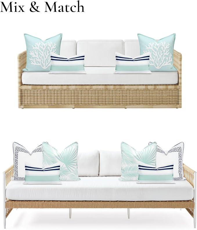Hofdeco Premium Coastal Patio Indoor Outdoor Lumbar Pillow Cover Only, 12"x20" Water Repellent for Backyard, Couch, Navy Blue Aqua Stripes