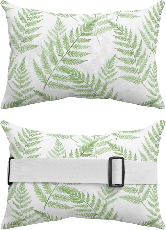Lumbar Pillow Covers Set of 2, Green Ferns Waterproof Outdoor Chaise Lounge Pillow Covers with Elastic Strap, Spring Summer Botanical Leaves Headrest Pillowcase for Patio, 11 x 16
