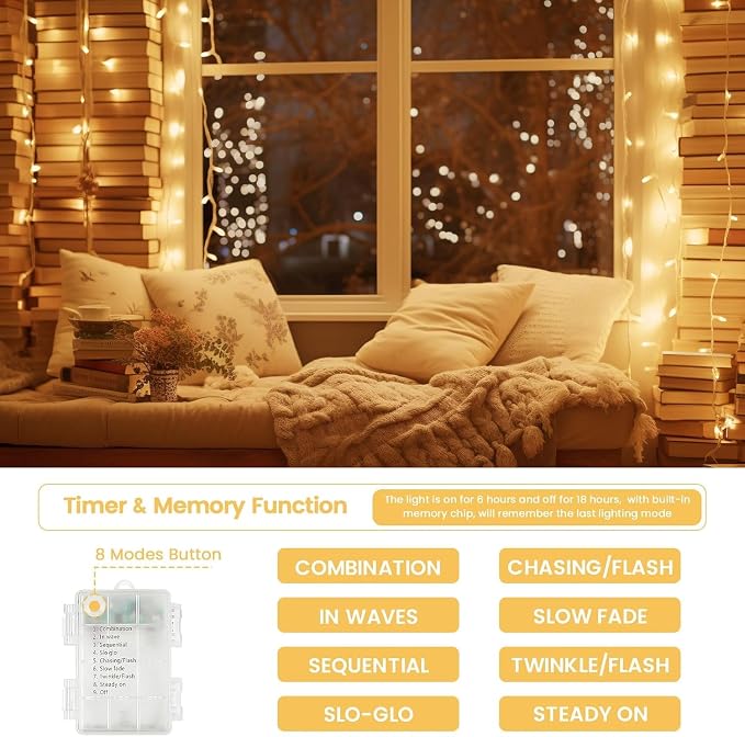 4 Pack 200 LED Battery Operated String Lights, 8 Modes Twinkle Fairy Lights | 66FT Warm White Christmas Lights Indoor Outdoor, Waterproof Battery Lights for Bedroom Party Porch Tree Holiday Decorations