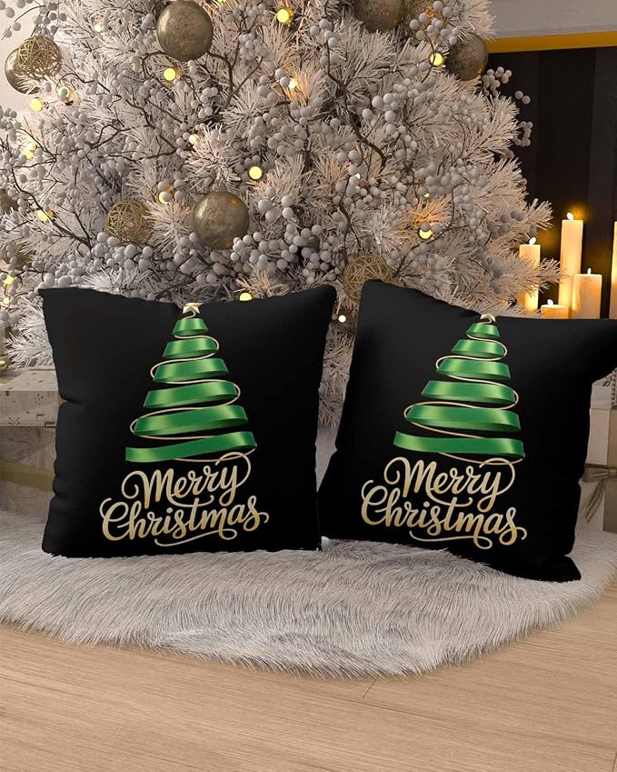 Black Christmas Tree Outdoor Pillow Covers 18 x 18 Inches, Green Xmas Tree with Star Waterproof Throw Pillow Cover Set of 2, Christmas Black Decorative Square Cushion Covers for Patio/Couch
