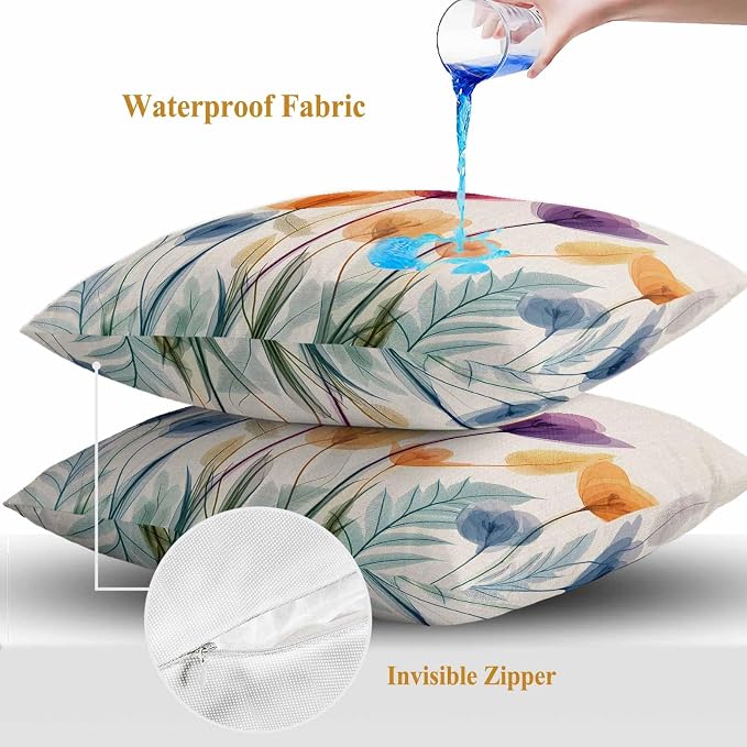 Spring Outdoor Waterproof Throw Pillow Covers Set of 2, 26"x26", Floral Cartoon Multicolor Tulips Leaf Retro Decorative Pillow Covers Outside Cushion Case for Patio Porch Garden
