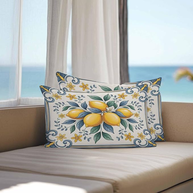 Lumbar Pillow Covers 20x12 Inch Set of 2, Yellow Blue Lemon Waterproof Outdoor Cushion Covers, Summer Botanical Watercolor Decorative Pillowcases for Couch, Sofa, Bed, Garden, Patio