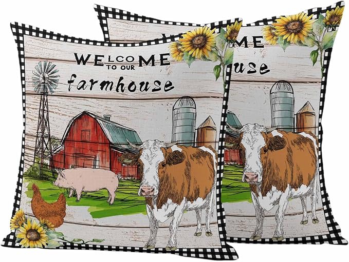 Outdoor Waterproof Pillow Covers 18x18Inch Farmhouse Animal Barn Chicken Pig Cow Throw Pillowcases for Patio Garden Couch Sofa Retro Wood Grain Farm Scene Decorative Cushin Case,Pack of 2
