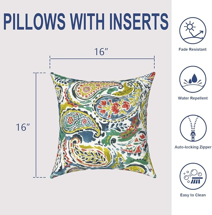 Outdoor Throw Pillows 16x16 Inch, Water Repellent Patio Pillows with Inners Set of 2 for Patio Furniture Home Graden, Paradise Paisley