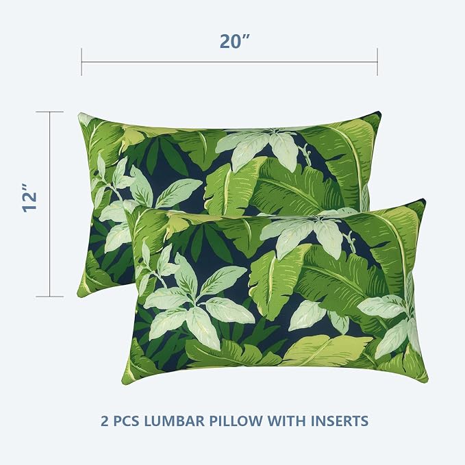 LVTXIII Set of 2 Patio Lumbar Pillows, 12" x 20" Fade Resistant Outdoor Lumbar Pillow with Inners, Fluffy Decorative Garden Lumbar Cushions for Home Patio Coach Sofa Use, Jungle Leaves