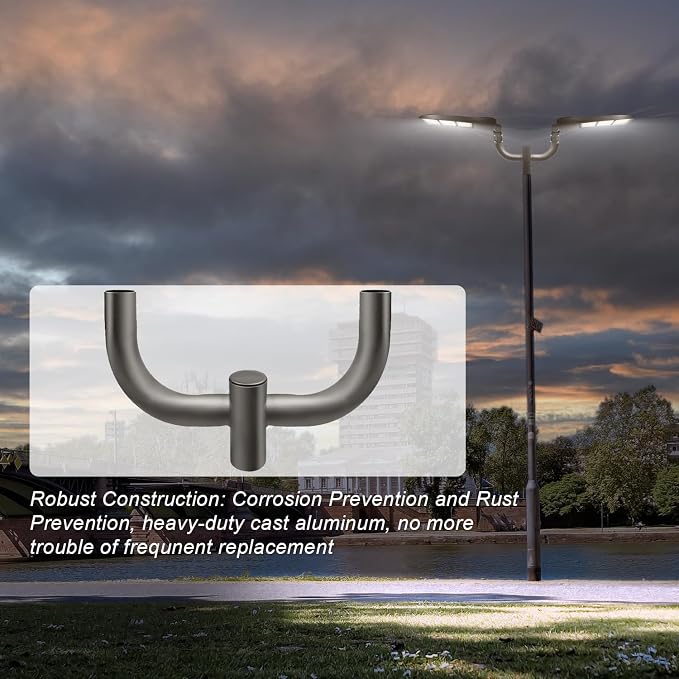 90 Degree Quad Bullhorn Tenon Adapte with 2 Arms for Round Pole,Slip Fitter Round Bullhorn Bracket for 2 Lighting Fixture,Slip Fit Mount Pole Area Parking Lot Light Mounting