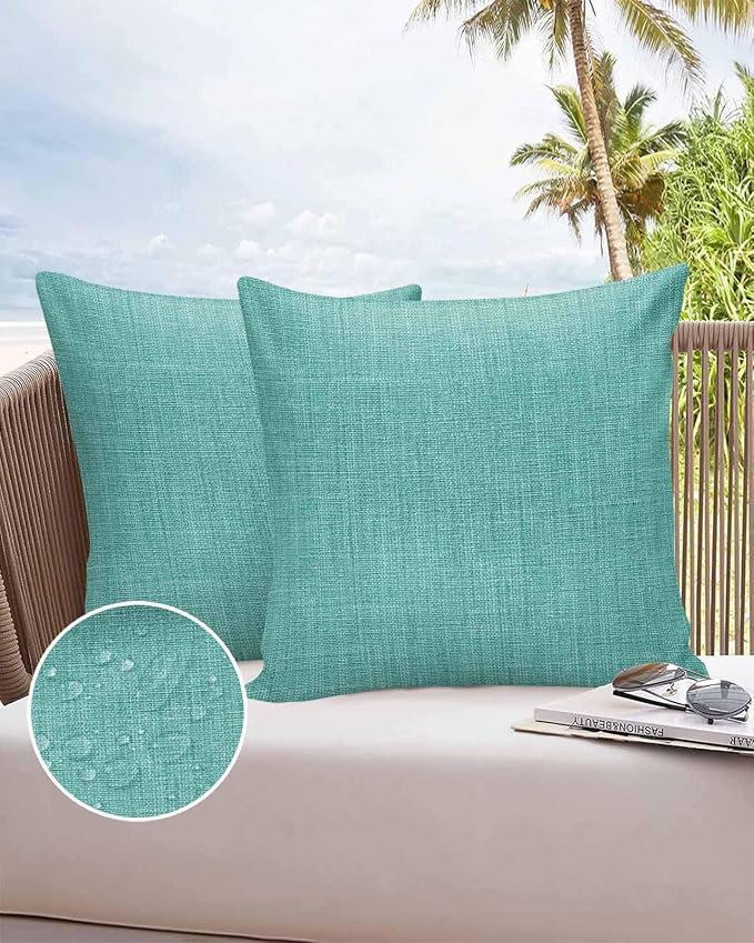 Vandarllin Outdoor Throw Pillows Covers 26x26 inch Set of 2 Waterproof Turquoise Linen Decorative Zippered Cushion Covers for Patio Furniture, Farmhouse Pure Color Lumbar Pillowcases