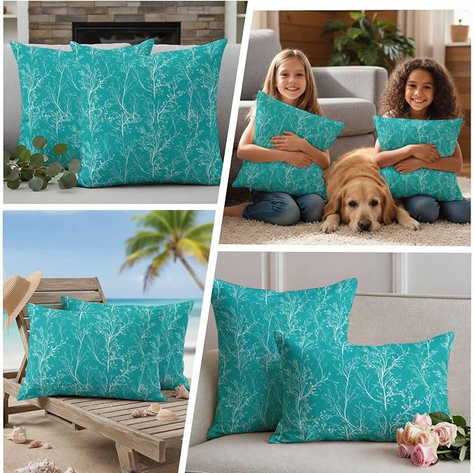 Turquoise Branches Waterproof Outdoor Pillow Covers Set of 2 Home Decor, Abstract Art Leaves Plant Pillowcase Patio Pillow Covers for Couch Bench Patio Furniture Garden 24x24in