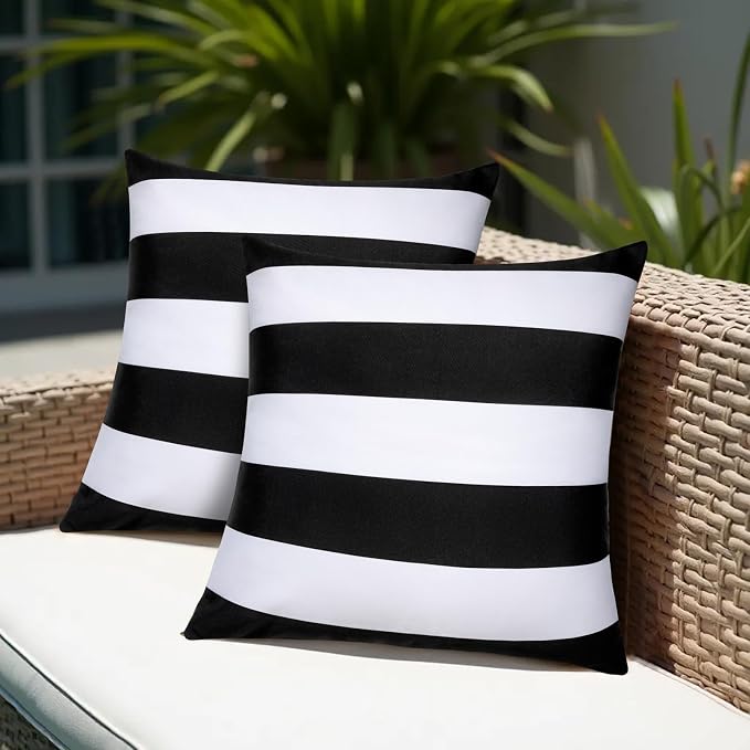 18x18 Waterproof Outdoor Pillows, Set of 2 Outdoor Throw Pillows | Patio Furniture Pillows, Fluffy Decorative Pillows, Waterproof &Fade Resistant, Removable & Washable, Black and White