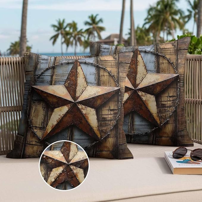 Rustic Star Brown Waterproof Outdoor Pillow Covers Set of 2 Home Decor, Vintage Farmhouse Wooden Grain Art Pillowcase Patio Pillow Covers for Couch Bench Furniture Garden 16x16in
