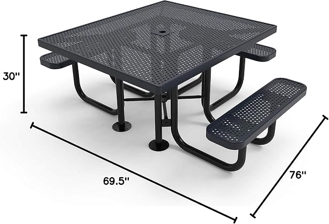 COATEDOUTDOORFURNITURE Heavy-Duty Portable ADA-Compliant Outdoor Picnic Table with Umbrella Hole, Punched Steel Patio Dining Furniture Made in America (46" Square Top, Dark Blue)