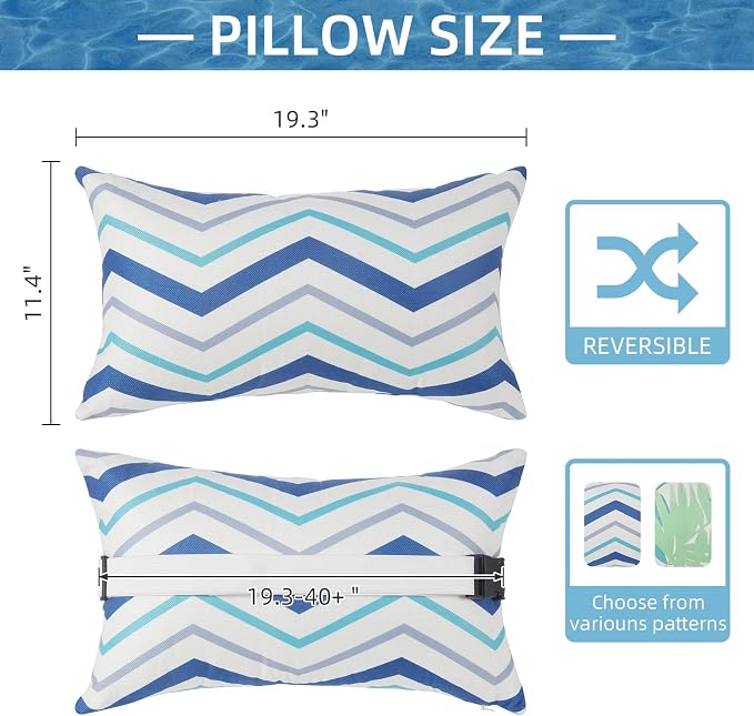 Outdoor Pillow for Chaise Lounge Chair, 2pcs Chaise Lounge Pillows Lumbar Pillows with Insert and Adjustable Elastic Strap for Patio Beach Office Chair, Blue White Stripe