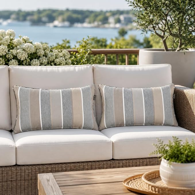 FUNHOME Outdoor Lumbar Pillows 12x20 inch,Decorative Throw Pillow Set of 2 with Insert,Water Resistant Headrests for Patio Furniture Sofa Couch Chair(Gray Stripe)