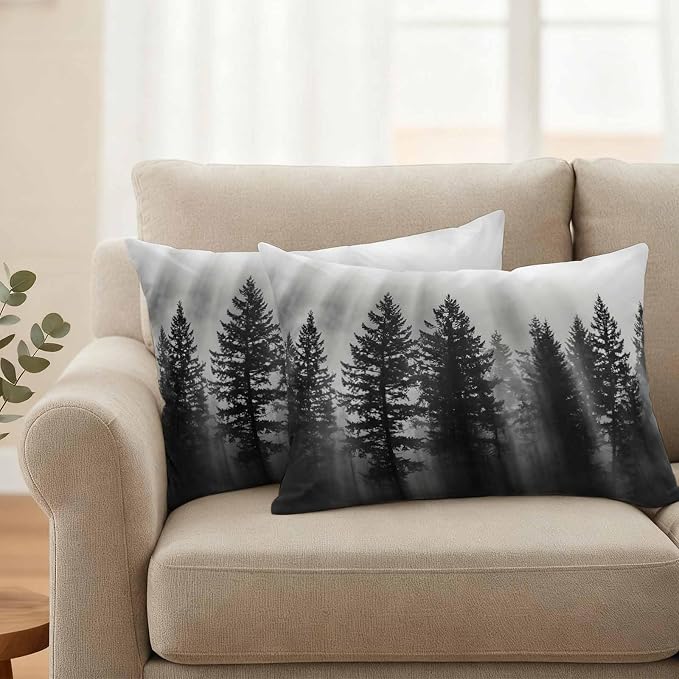 Black Forest Mist Scenery Outdoor Pillow Covers 20"x12" Set of 2, Nature Pine Trees Sunbeams Modern Waterproof Throw Pillow Covers for Patio Furniture, Decorative Cushion Covers for Porch