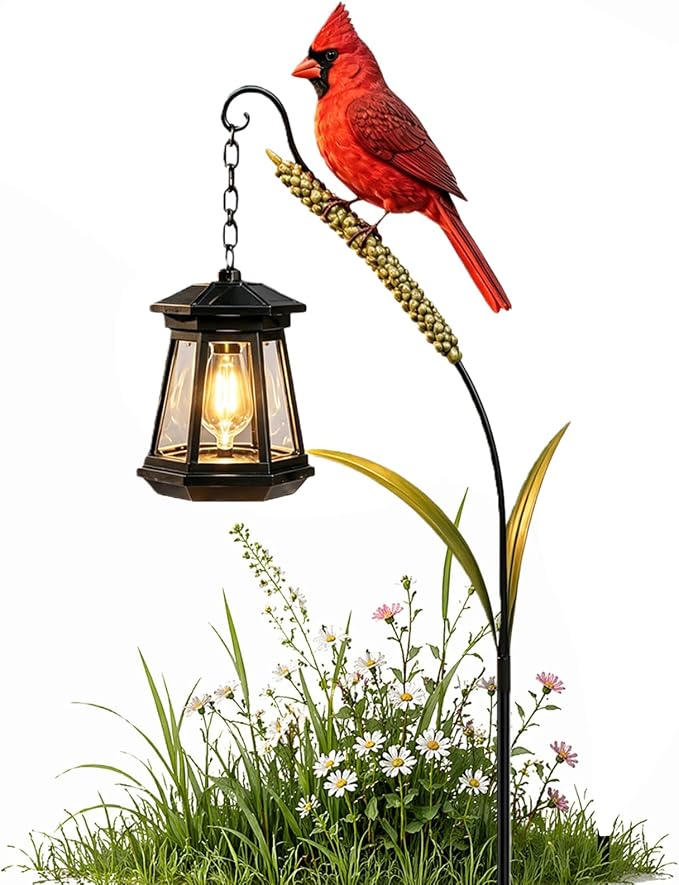 Cardinal Solar Light—A Beautiful Garden Light that Feels Full of Life | Outdoor Stake Yard Decor, Red Bird Lantern, Gift for Mom, Warm Glow Lantern for Patio Lawn Porch Pathway Yard Gardening Gift