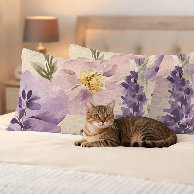 Spring Flowers Outdoor Waterproof Throw Pillow Covers Set of 2, 20"x12", Lavender Leaf Purple Floral Vintage Decorative Pillow Covers Outside Cushion Case for Patio Porch Garden