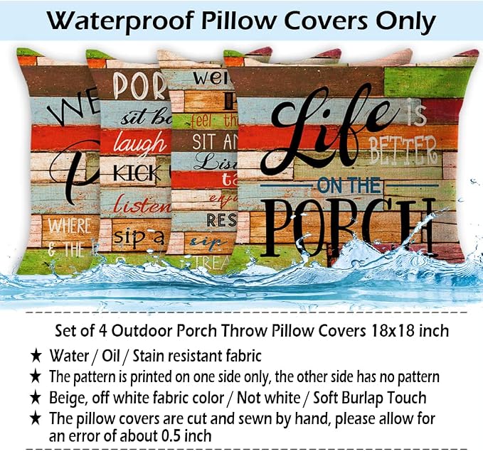 JOJOGOGO Patio Decor Outdoor Porch Pillow Covers 18x18 Waterproof, Set of 4 | No Inserts, Porch Pillows Outdoor Waterproof, Outdoor Patio Furniture Pillows, Colorful Porch Pillows, Weather Resistant