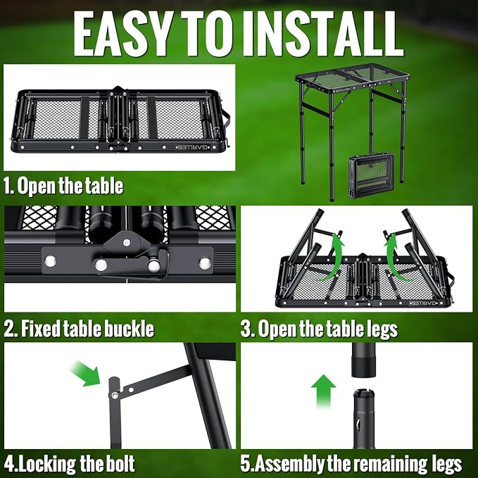 GARLLEN 2ft Folding Grill Table Max Capacity 66lbs, 3-Height Adjustable Folding Camping Table with Heat-Resistant Mesh Tabletop, Portable Aluminum Picnic Tables for BBQ, Outdoor, 22.8" L x 15.7" W
