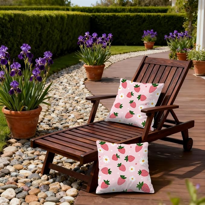 18x18 Inch Outdoor Pillow Covers Set of 2 Waterproof Throw Pillow Covers Decorative Couch Cushion Covers Pink Strawberries Daisy Square Pillowcases Protectors for Patio Garden Sofa