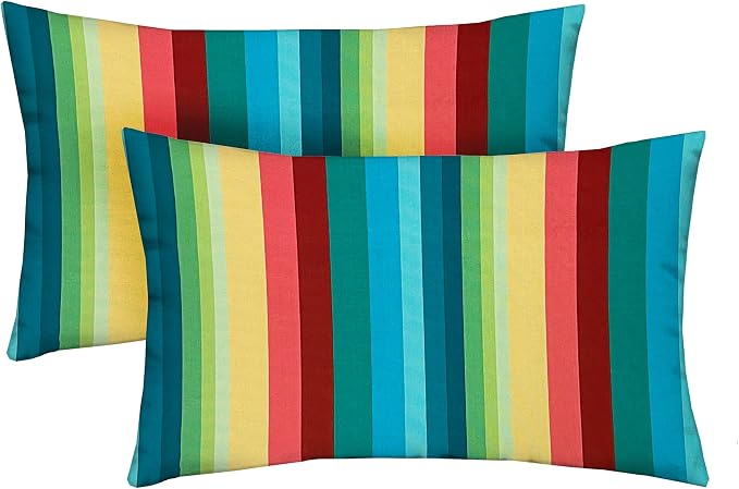 Lumbar Throw Pillows Set of 2 | 20" x 12" | All-Weather Spun Fabric | Water and Fade-Resistant | Outdoor Support Pillows for Patio Furniture | Braymont Multi Color Stripe