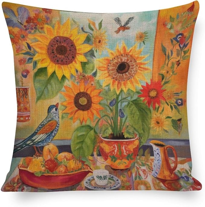 Throw Pillowcase Colorful Painting of Sunflowers Cushion Case 16"x16" Vintage Sunflower Decorations Pillow Covers Cushion Case for Sofa Couch Decorative Cutton Linen Cushion Cases