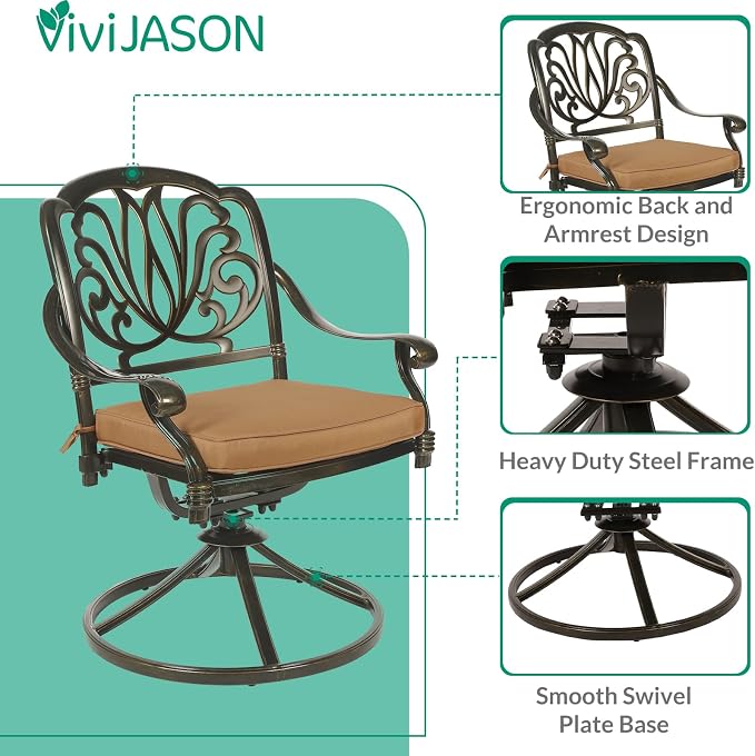VIVIJASON 9-Piece Outdoor Dining Table Set for 8, All-Weather Cast Aluminum Patio Table and Chairs Set with 8 Swivel Rocker Chairs, 64" Large Square Dining Table with 2.2" Umbrella Hole