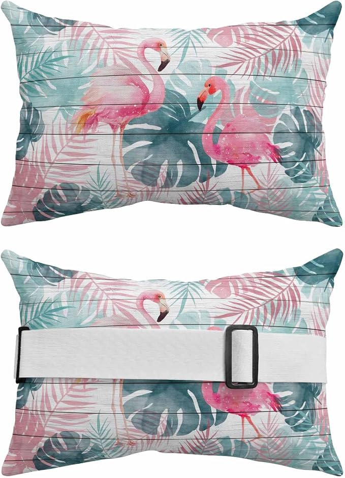 Outdoor Lumbar Pillow Set of 1, Flamingos Waterproof Beach Headrest Pillow with Inserts, Green Summer Monstera Leaves Tropical Vintage Recliner Throw Pillows for Patio Furniture, 11 x 16