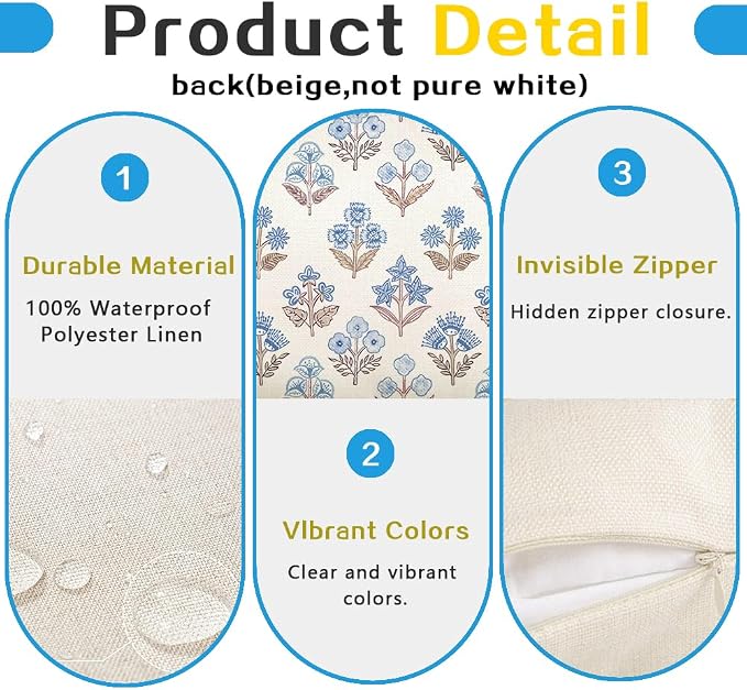 RABUSOFA Blue Floral Pillow Covers 20x20 Inch Set of 2 Outdoor Waterproof Decorative Throw Pillows for Home Spring Summer Decor Couch Patio Funiture Garden Vintage Flower