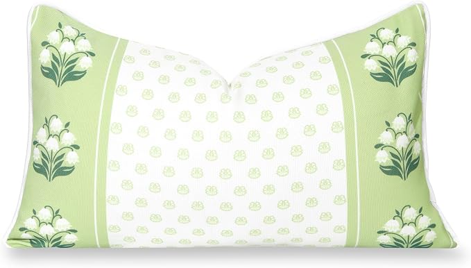 Hofdeco Premium Grandmillennial Coastal Hampton Patio Indoor Outdoor Lumbar Pillow Cover Only, 12"x20" Water Repellent for Backyard, Couch, Poolside, Green Print Block Print Striped Lily of the Valley
