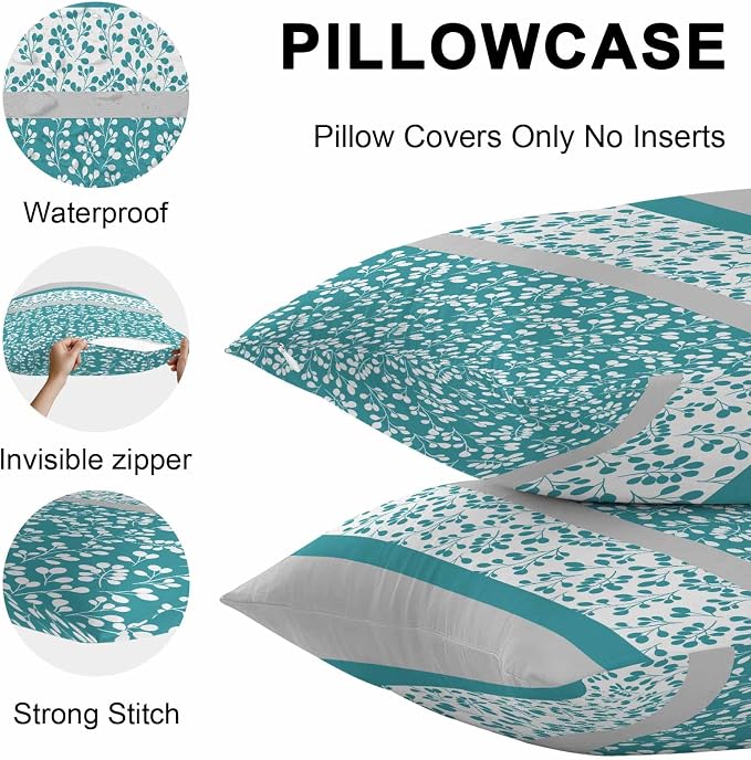 Teal Floral Outdoor Pillow Covers 20x20 Inch Throw Pillow Covers Set of 2 Waterproof Decorative Pillow Cases Botanical Blossom Motif Boho Grey Stripes Cushion Covers for Patio Furniture Garden Couch