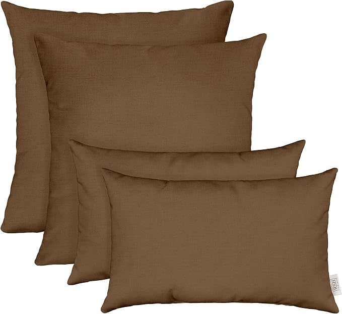RSH DECOR Sunbrella Lumbar & Square Pillows Set of 4 | 20" x 12" & 17" x 17" | Water & Fade-Resistant Performance Fabric | Outdoor Throw Pillows | Made in USA (Play Chestnut Mocha Brown)